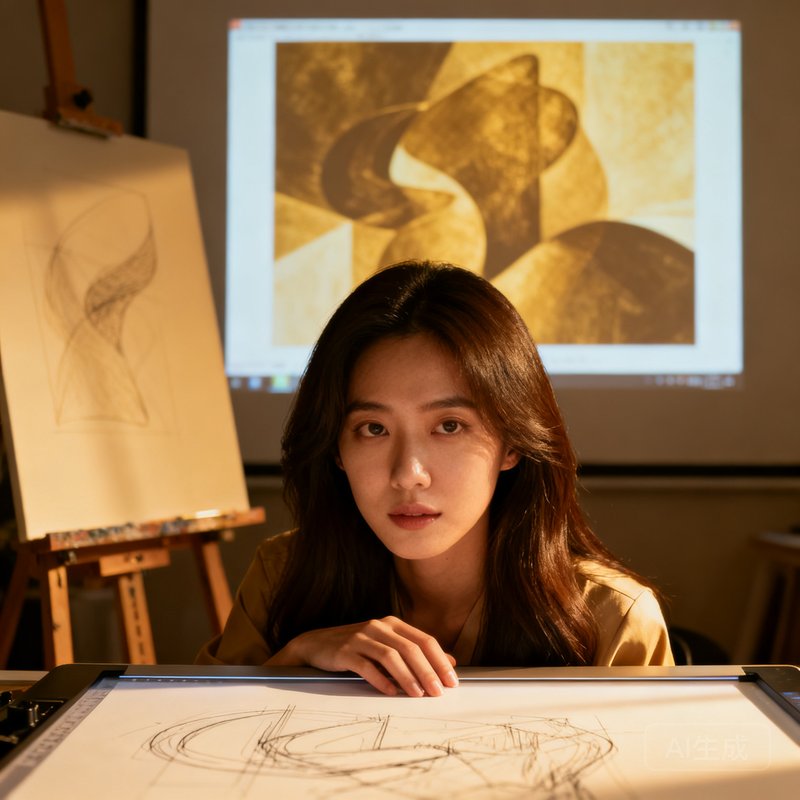 PT视讯创意总监林若溪半身肖像，女性，背景为数字画板与投影画面，展现艺术创意气质
